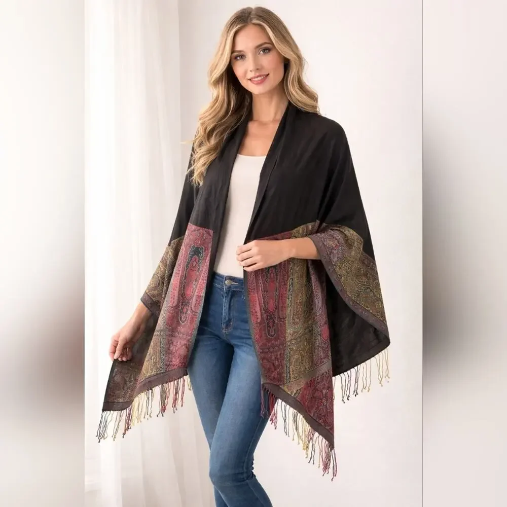 Cost Plus World Market Black & Paisley Fringe Rayon Wrap Scarf Shawl  #1324